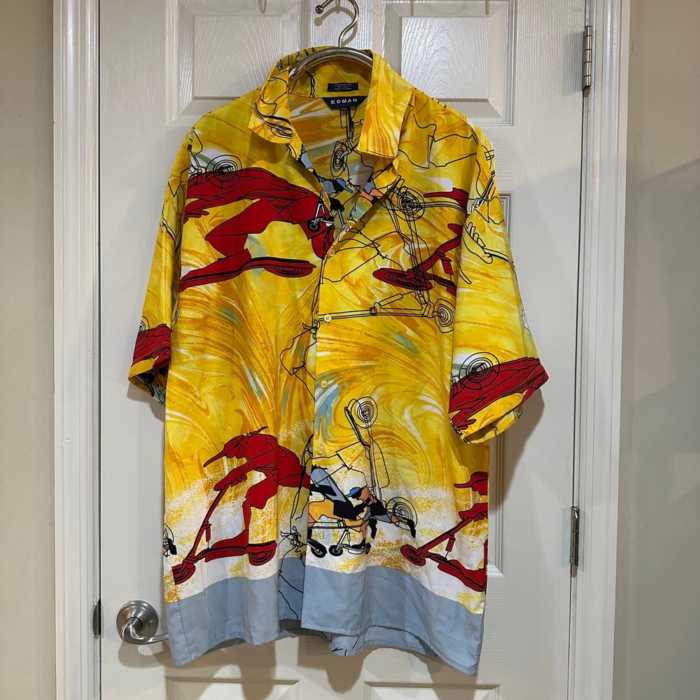 Koman Sport Mens XXL Yellow Scooter Graphic Print Short Sleeve Button Up Shirt